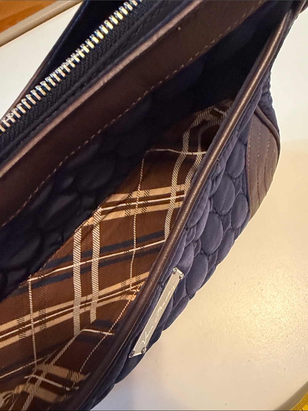 Vera Bradley Wildwood Park microfiber bag. Quilted navy blue with brown strap. - Picture 13 of 13